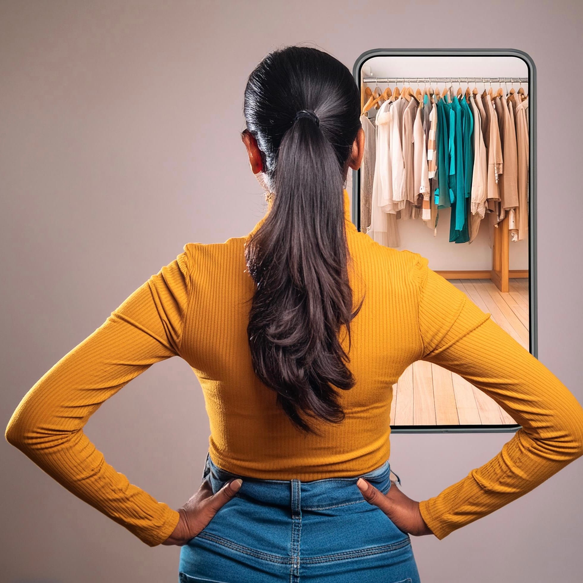 An AI generated image from Adobe Firefly of a woman and a mobile screen with options of clothing to shop from.