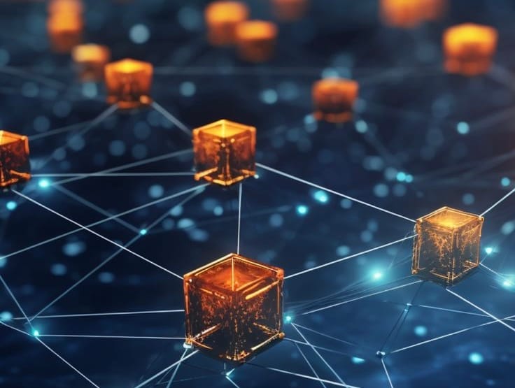 Blockchain in fashion illustration symbolizing transparency, authenticity, and secure product tracking through technology.