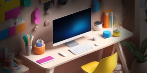 Modern workspace with a desktop computer, colorful office supplies, and a yellow chair.